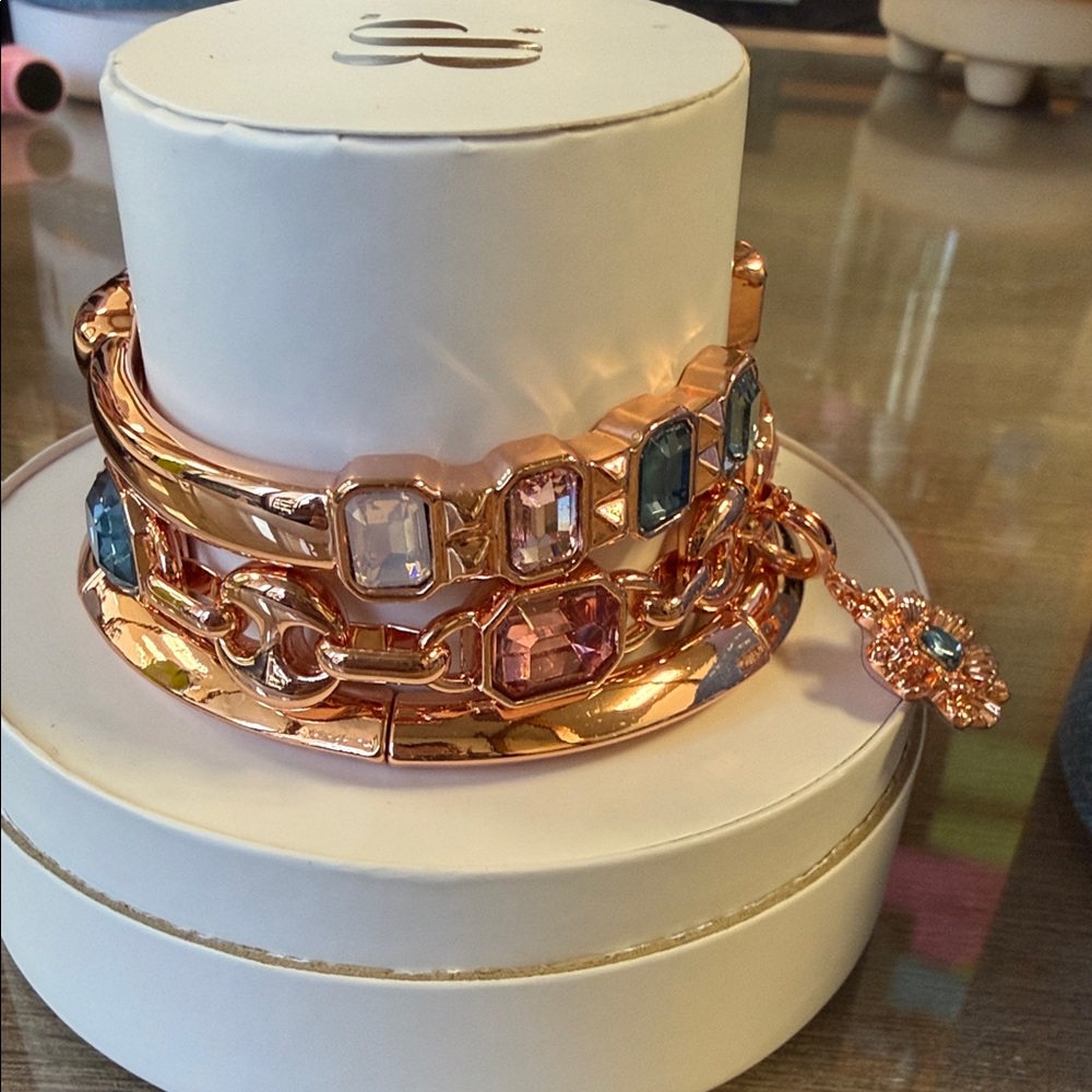 Gold-Tone Pink & Teal Crystal Link Bracelet Set - Picture 3 of 8